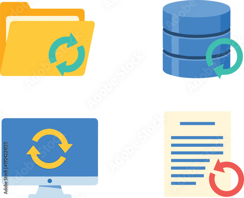 Data synchronization and backup icons set with folder, database, computer and document refresh symbols, flat vector illustration for technology concept