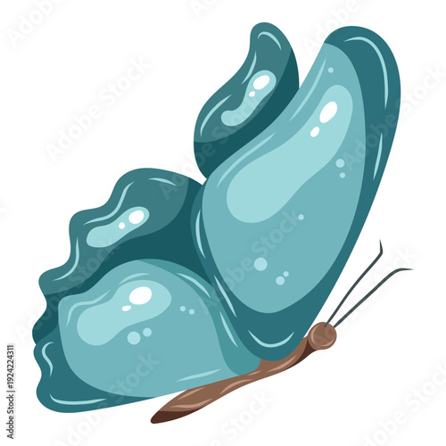 A single beautifull butterfly, side view, flying, blue shiny insect, colorful illustration