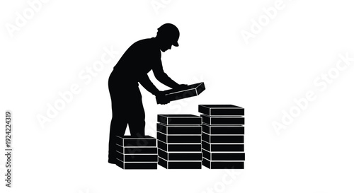 Silhouette of a worker stacking rectangular blocks or boxes