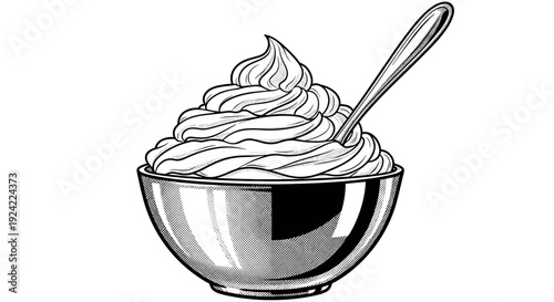 Black and white drawing of soft serve ice cream in a bowl with a spoon