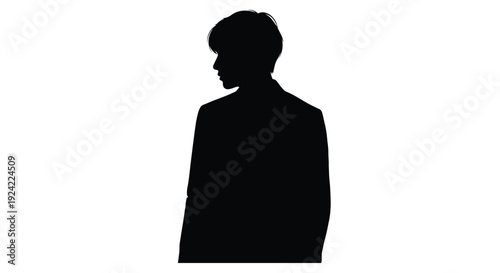 Silhouette of a man in a suit facing left against a white background