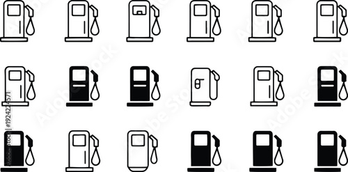 Gas Station Icon Set with Fuel Pump, Petrol and Diesel Refueling Symbols