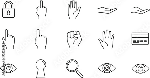 Set of Minimalist Line Vector Icons Featuring Hand Gestures Security Symbols Eye Icons Credit Card and Magnifying Glass for Interface Design