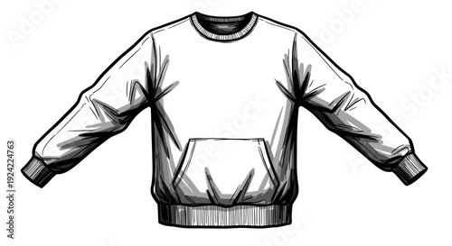 Black and white line drawing of a sweatshirt with a pocket and ribbed cuffs and hem