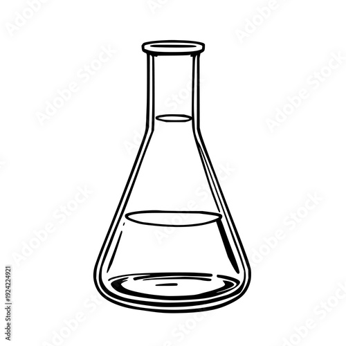 Minimalist black line art drawing of a vintage laboratory chemistry beaker on a clean white background, perfect for science, education, or healthcare design projects and branding