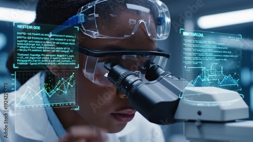 Scientist using futuristic microscope with holographic data displays in laboratory