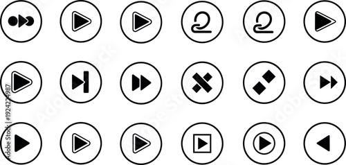 Media Player Control Icon Set with Play, Pause, Forward, Rewind, Loop, and Navigation Buttons for Audio, Video, and Streaming App Interfaces