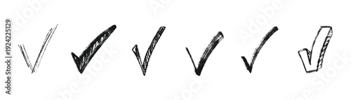 A series of six check marks or ticks in a row with varying line quality