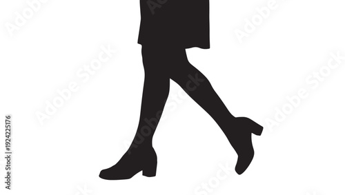 Legs walking in high heel boots silhouette icon, female fashion step pose with knee-high footwear, minimalist black shape isolated on white background