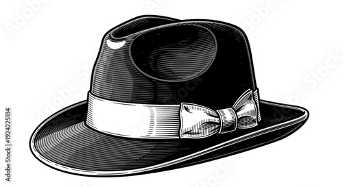Black fedora hat with white ribbon band and bow elegant vintage style male accessory illustration isolated