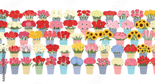 Rows of various colorful flowers including roses and sunflowers in small pastel-colored pots are arranged in a dense grid pattern across a white background.