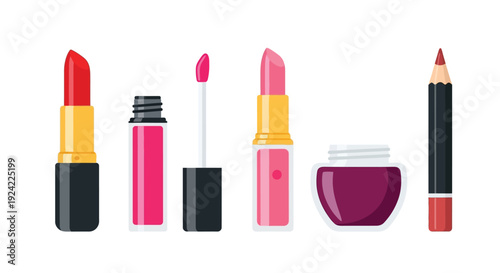 Collection of cosmetic products including lipsticks gloss and a pencil