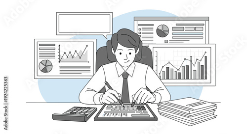 A professional businessman in a shirt and tie meticulously analyzes financial data using charts and graphs on multiple computer screens and a digital tablet.