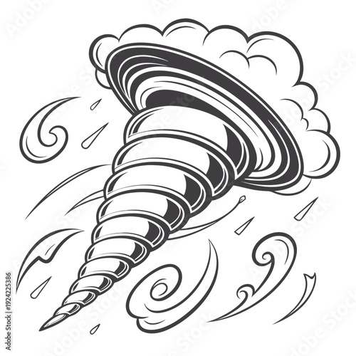 Black and white cyclone with swirling clouds and debris