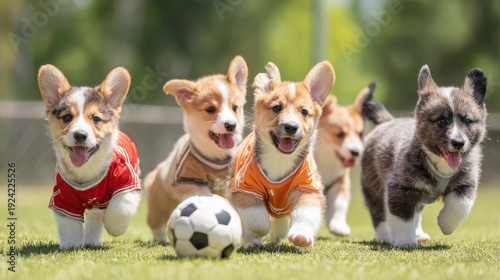Adorable Corgi puppies in jerseys play soccer on a sunny day. Group of energetic Pembroke Welsh Corgi puppies wearing colorful sports jerseys chase soccer ball across grassy field on bright, sunny day