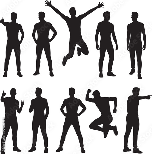 Set of ten male silhouettes in various dynamic poses and actions
