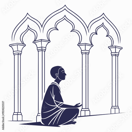 Navy blue of a man sitting in meditation in front of three gothic archways