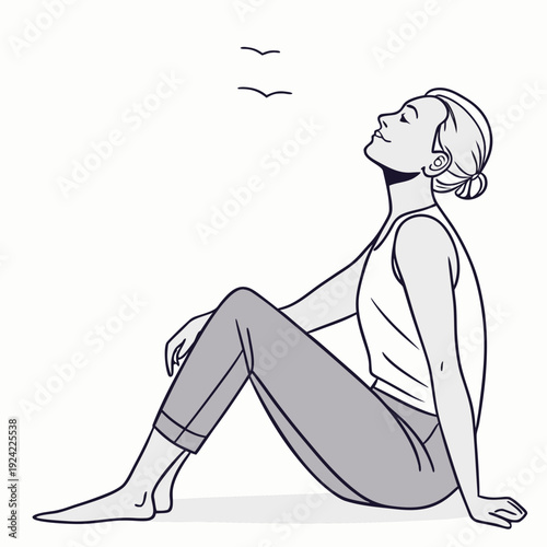 Woman sitting on floor with head tilted back and eyes closed