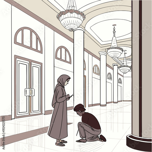 Woman in hijab and man in mosque interior with columns and chandeliers