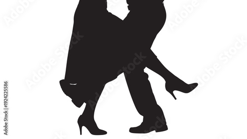 Couple legs silhouette with man lifting woman in romantic dance pose, high heels and trousers, black shape isolated on white, Valentine love concept graphic icon