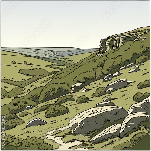 Green hillside with rocks and bushes under clear sky