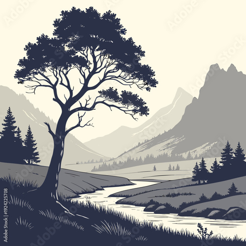 Large tree beside river in valley with mountains landscape