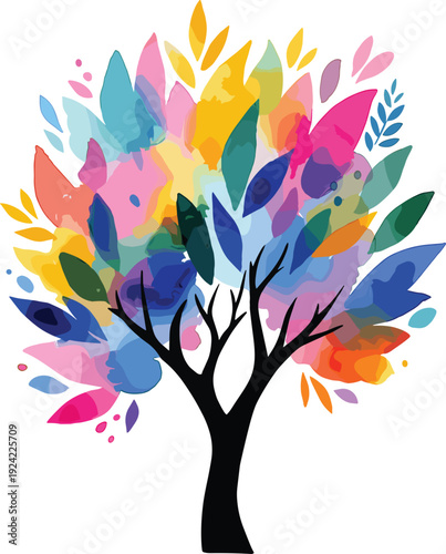 Billede på lærred Vibrant watercolor tree illustration with a black trunk and multi colored leaves