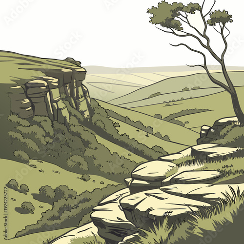 Panoramic view of rugged green landscape with rocky cliff and tree