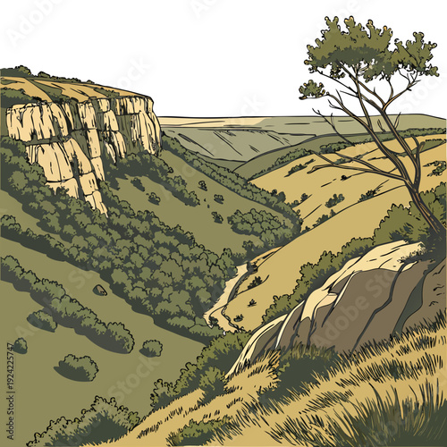 Panoramic view of rugged landscape with tree on cliff edge