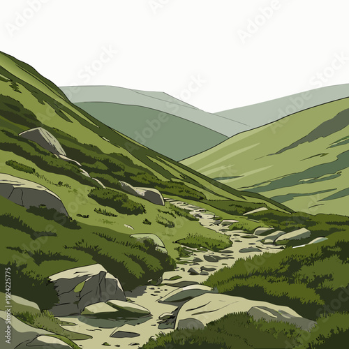 Green hillside with rocky stream and grassy slopes