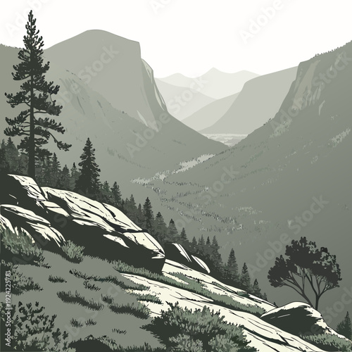 Grayscale mountain landscape with trees and rocky hillside