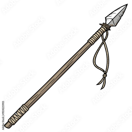 Realistic spear with stone tip and rope wrapping stone age