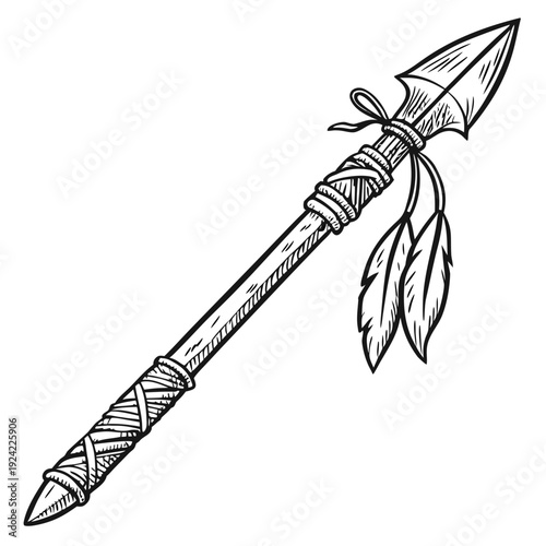 Black and white of a primitive spear with feathers