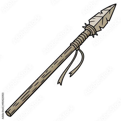 Primitive handmade spear with feathered point arrowhead