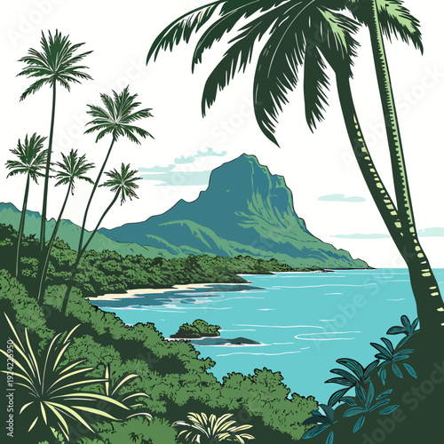 Scenic island lagoon with palm trees and mountain tropical