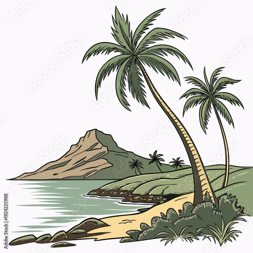 Tropical island lagoon with palm trees and sandy beach