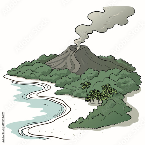 Of a volcanic island with erupting volcano and palm trees