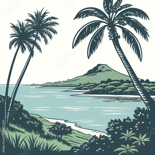 Calm island bay with palm trees and mountain beach