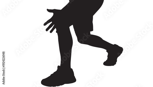 Runner silhouette with bent knee stride and swinging arm, athletic jogging pose in black shape isolated on white, fitness exercise movement icon graphic