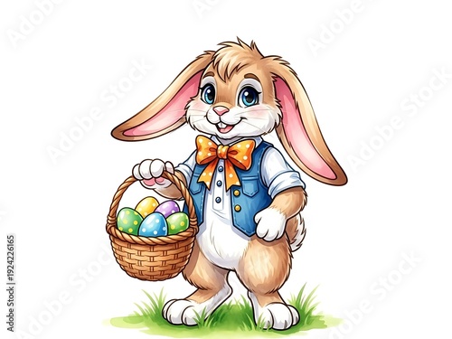 Easter bunny holding colorful easter basket with eggs
