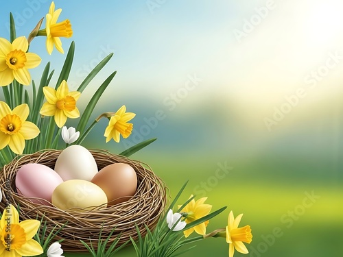 Easter basket with eggs and daffodils in a spring garden setting