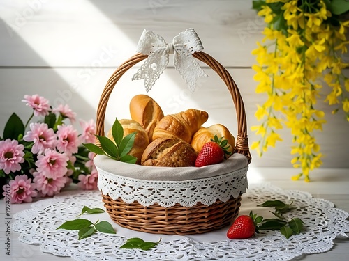 Easter basket with bunnies and flowers a festive holiday display