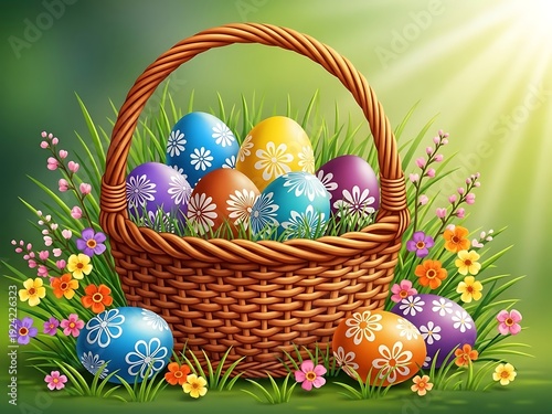 Easter basket with colorful eggs and flowers symbolizing springtime and holiday traditions