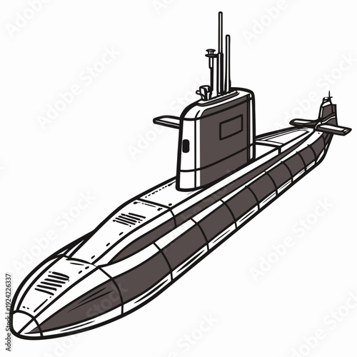 Submarine with dark gray and white hull and black outlines