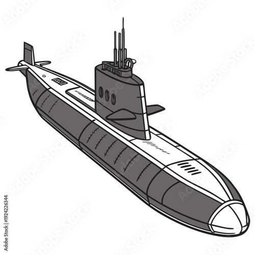 Gray and white submarine with conning tower and periscope