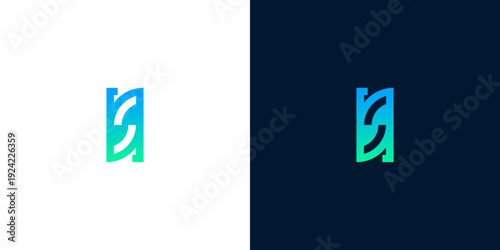 Abstract gradient letter S logo design with blue and green colors on white and dark blue backgrounds