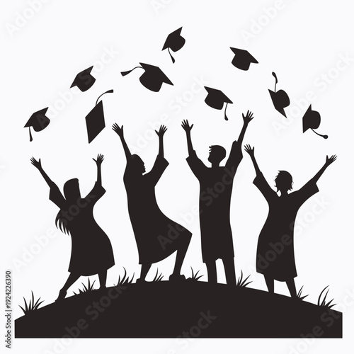 Black silhouettes of graduates throwing hats in the air on a hill