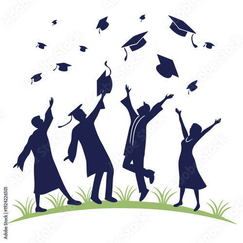 Navy blue silhouettes of graduates throwing graduation caps on green grass
