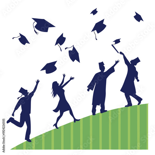 Silhouettes of graduates throwing caps on green hill