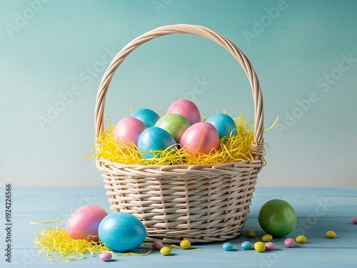 Easter basket filled with colorful eggs and yellow grass on a light blue background